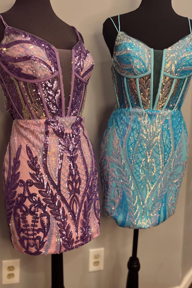 Load image into Gallery viewer, Sparkly Blue Bodycon Spaghetti Straps Short Prom Dress