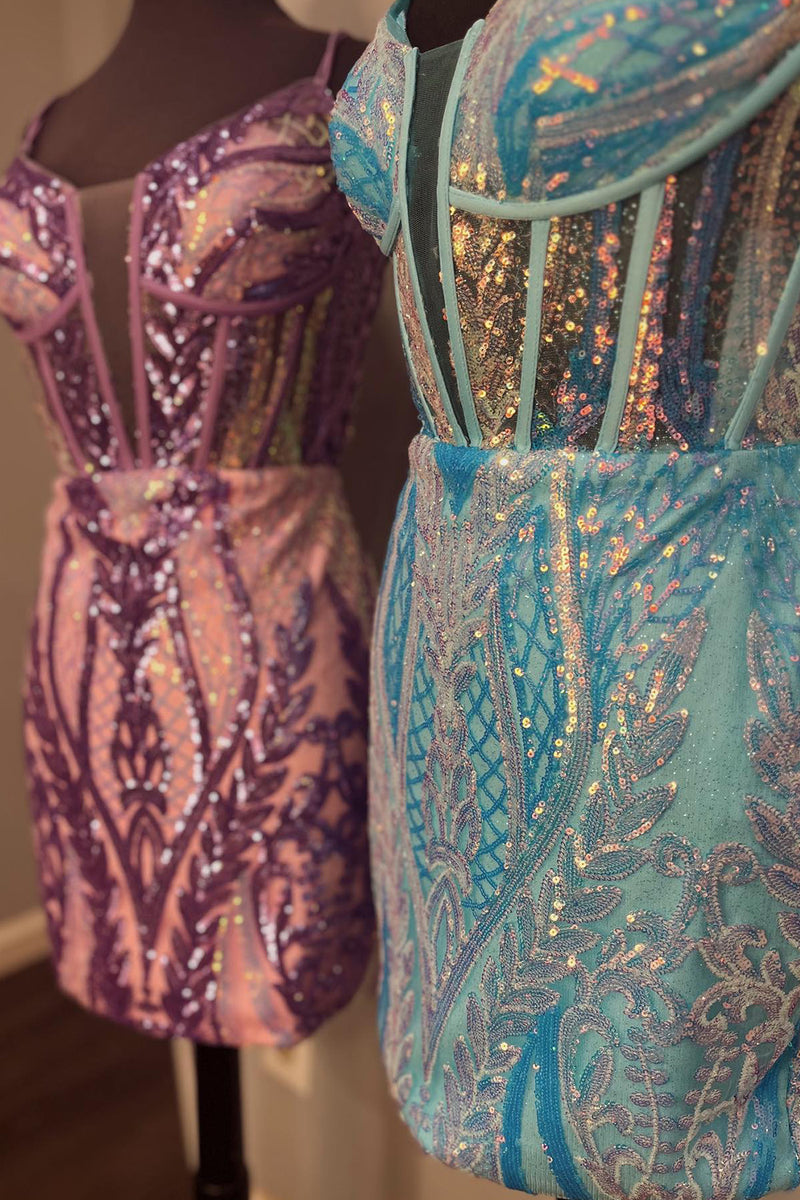 Load image into Gallery viewer, Sparkly Blue Bodycon Spaghetti Straps Short Prom Dress