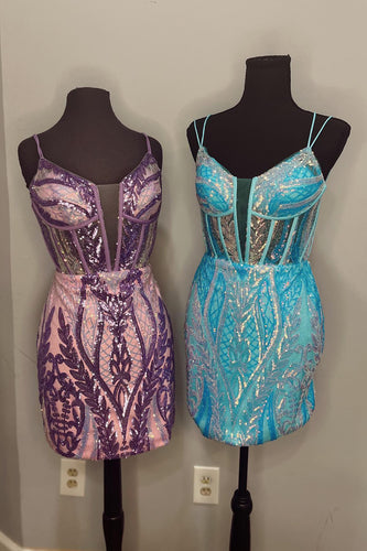 Sparkly Blue Bodycon Spaghetti Straps Short Prom Dress