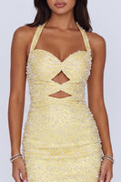 Load image into Gallery viewer, Sparkly Butter Yellow Halter Keyhole Tight Short Cocktail Dress with Pearls
