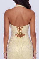 Load image into Gallery viewer, Sparkly Butter Yellow Halter Keyhole Tight Short Cocktail Dress with Pearls