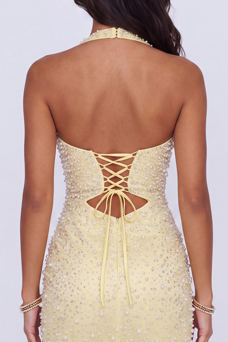 Load image into Gallery viewer, Sparkly Butter Yellow Halter Keyhole Tight Short Cocktail Dress with Pearls