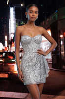 Load image into Gallery viewer, Silver Sparkly Sequin Corset Ruched Tight Short Cocktail Dress