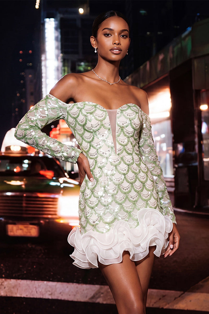 Load image into Gallery viewer, Sparkly Green Sequin Ruffled Tight Short Cocktail Dress with Sleeves