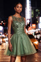 Load image into Gallery viewer, Sparkly Dark Green Sequin Ruched A-Line Short Cocktail Dress
