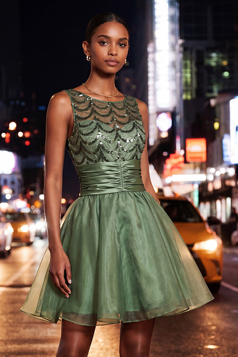 Load image into Gallery viewer, Sparkly Dark Green Sequin Ruched A-Line Short Cocktail Dress