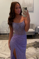 Load image into Gallery viewer, Sparkly Strapless Gold Mermaid Maxi Prom Dress with Slit