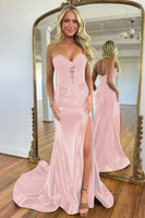 Load image into Gallery viewer, Navy Satin Mermaid Sweetheart Long Corset Prom Dress with Slit