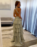 Load image into Gallery viewer, Sparkly Fuchsia Beaded A Line Tiered Long Prom Dress with Slit