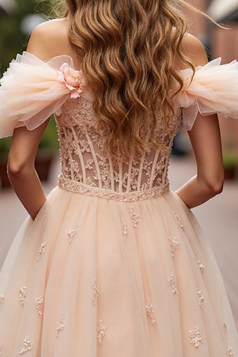 Champagne Floral Ruffled Corset Short Prom Dress with Lace