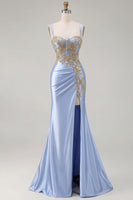 Load image into Gallery viewer, Sparkly Black Satin Floral Appliqued Long Corset Prom Dress with Slit