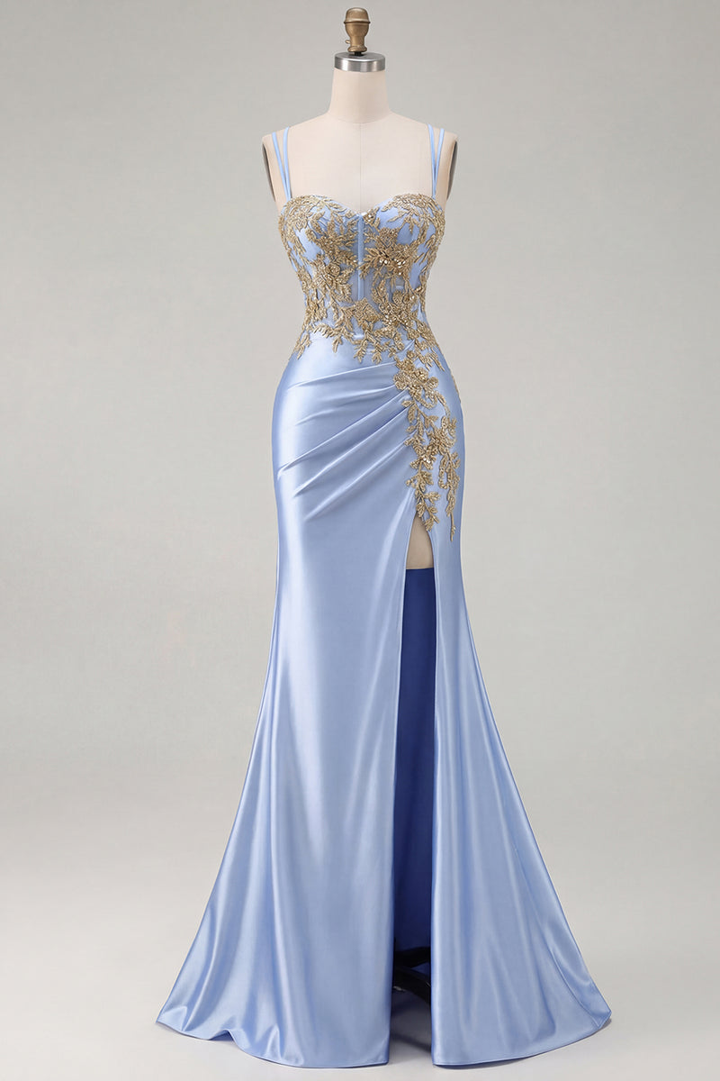 Load image into Gallery viewer, Sparkly Black Satin Floral Appliqued Long Corset Prom Dress with Slit