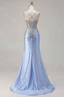 Load image into Gallery viewer, Sparkly Black Satin Floral Appliqued Long Corset Prom Dress with Slit