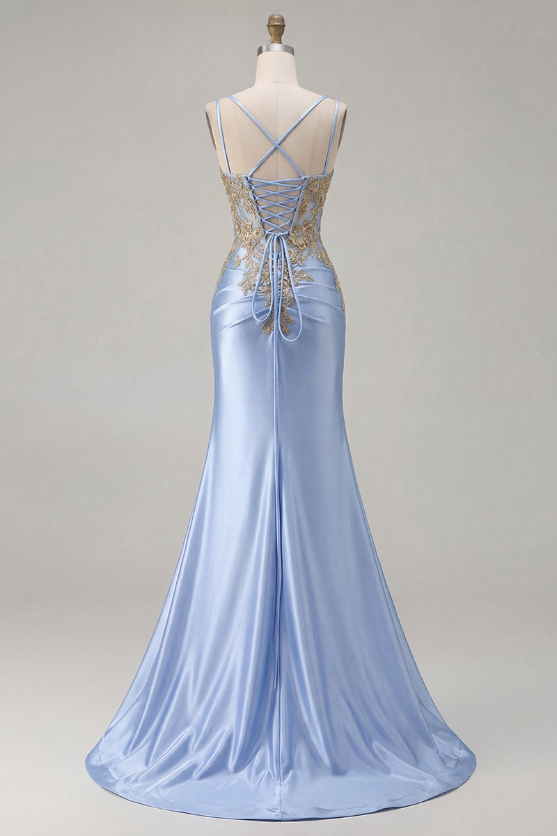 Load image into Gallery viewer, Sparkly Black Satin Floral Appliqued Long Corset Prom Dress with Slit