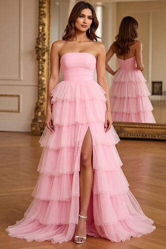 Pink Tiered Chiffon A Line Long Prom Dress with Slit
