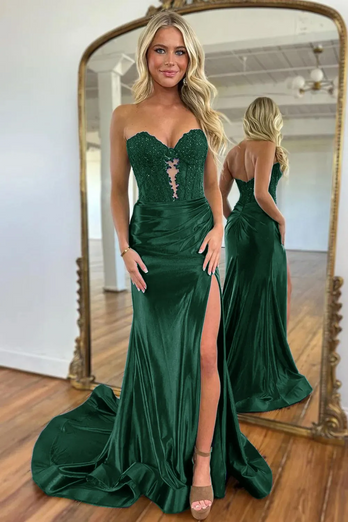 Navy Satin Mermaid Sweetheart Long Corset Prom Dress with Slit