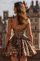 Load image into Gallery viewer, Sparkly Khaki Leopard Printed Corset Short Prom Dress with Bows