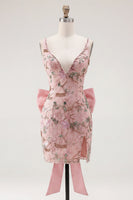 Load image into Gallery viewer, Sparkly Pink Floral Tight Beaded Short V-Neck Birthday Party Dress with Bow