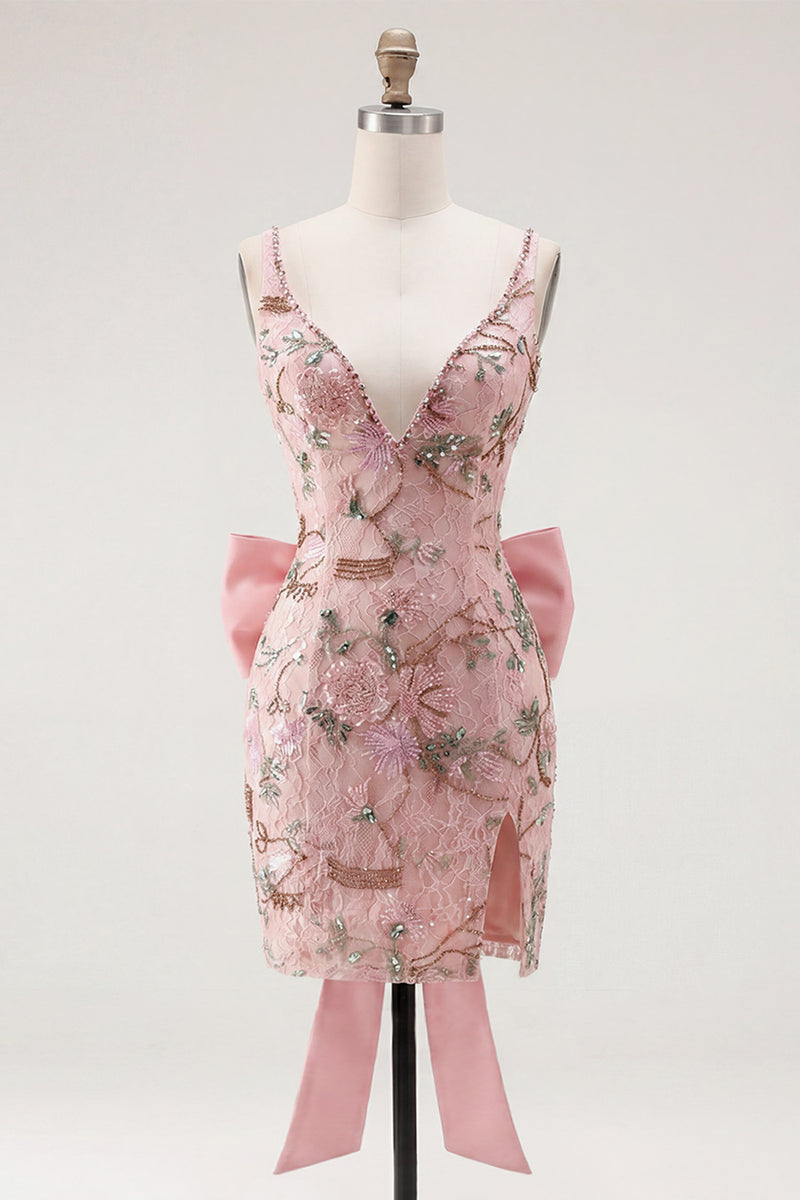 Load image into Gallery viewer, Sparkly Pink Floral Tight Beaded Short V-Neck Birthday Party Dress with Bow