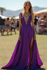 Load image into Gallery viewer, Sparkly Dark Purple Beaded Long Formal Dress with Slit