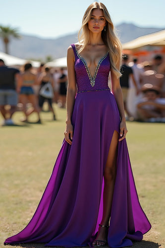 Sparkly Dark Purple Beaded Long Formal Dress with Slit