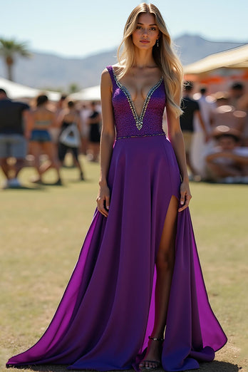Sparkly Dark Purple Beaded Long Formal Dress with Slit