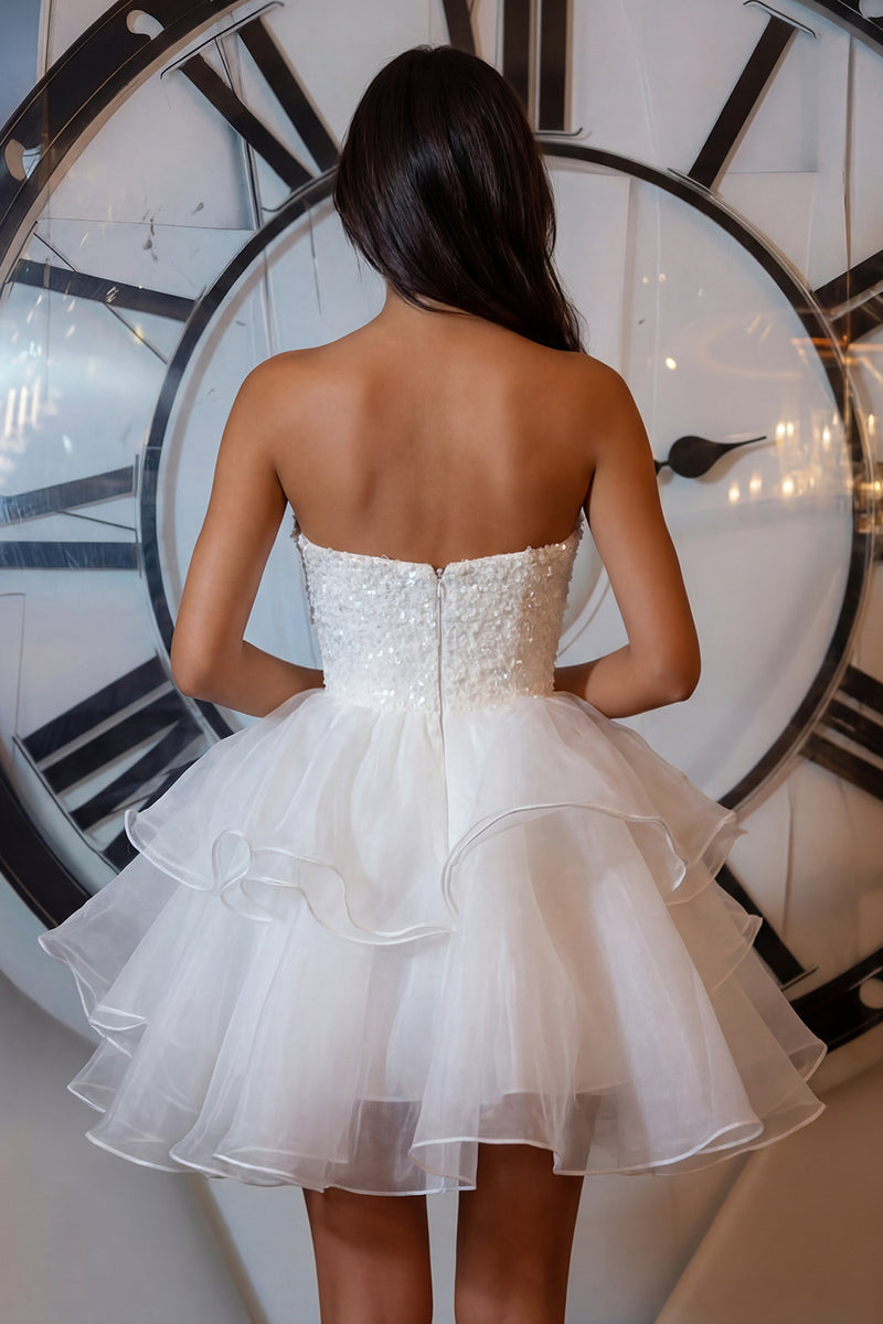 Load image into Gallery viewer, Sparkly White Sweetheart Ruffled Short Prom Dress with Sequins