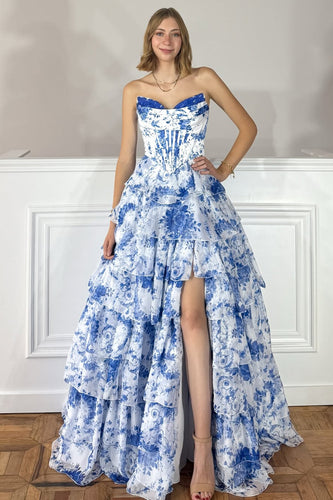 White and Blue Floral Tiered A Line Long Corset Prom Dress with Ruffles