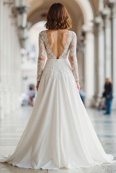 Ivory Illusion Boat Neck A Line Floor-Length Wedding Dress with Lace