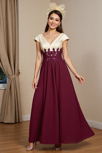 Burgundy Satin A Line Maxi Mother of the Bride Dress with Appliques