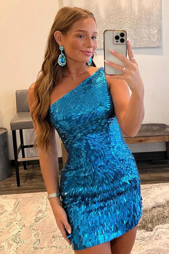 Glitter Royal Blue One Shoulder Sequins Tight Party Dress