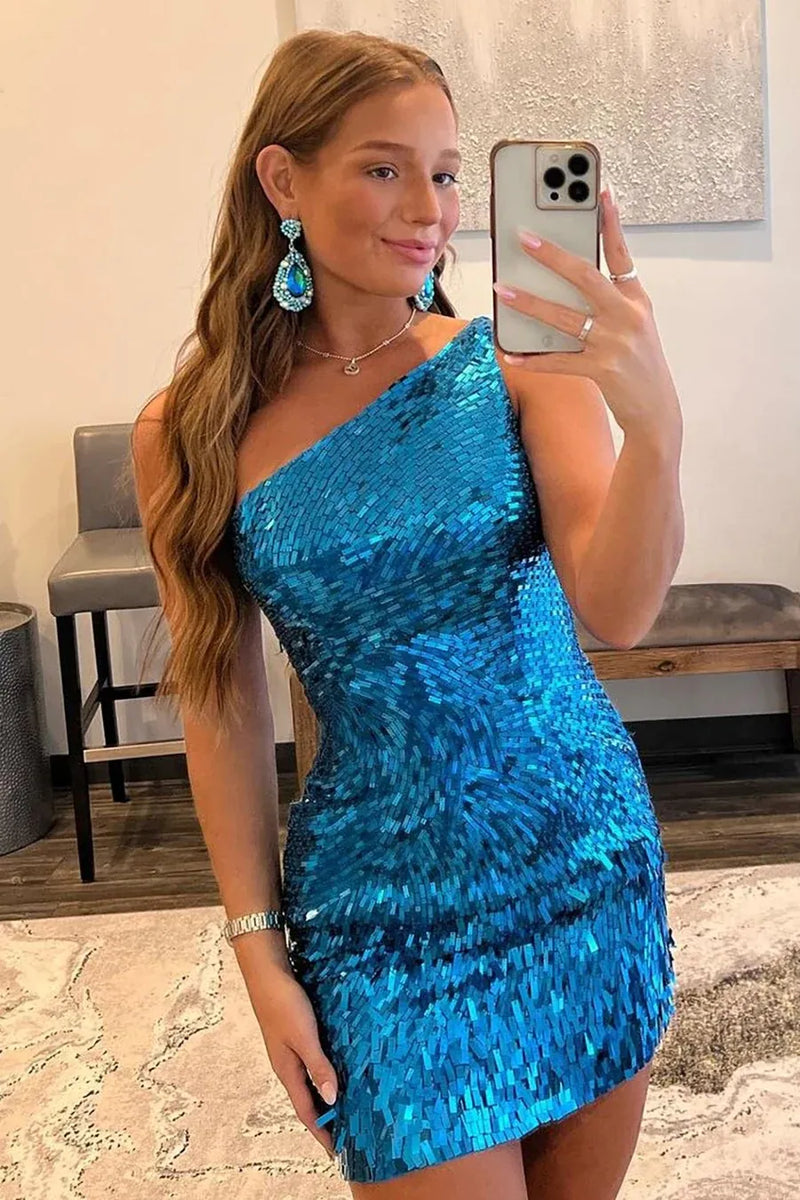 Load image into Gallery viewer, Glitter Royal Blue One Shoulder Sequins Tight Party Dress