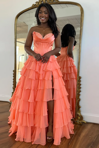 A Line Light Pink Strapless Tiered Corset Chiffon Long Prom Dress