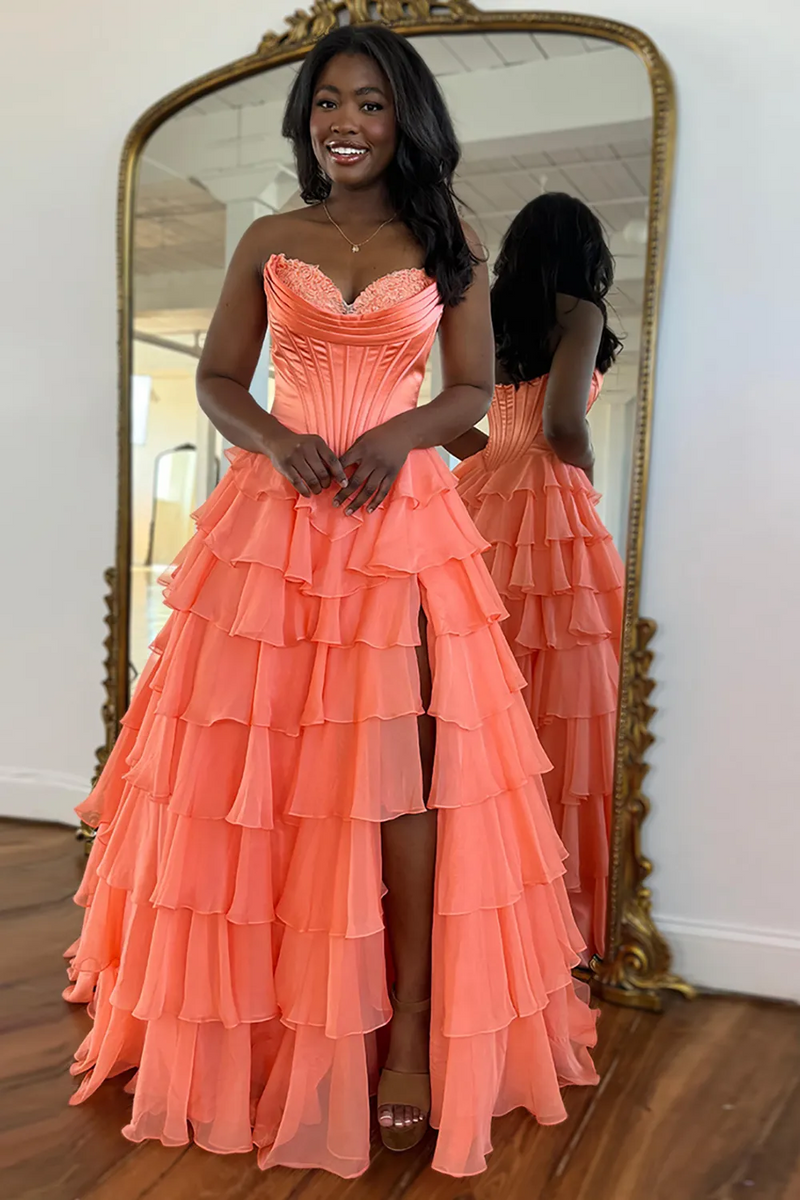 Load image into Gallery viewer, A Line Light Pink Strapless Tiered Corset Chiffon Long Prom Dress