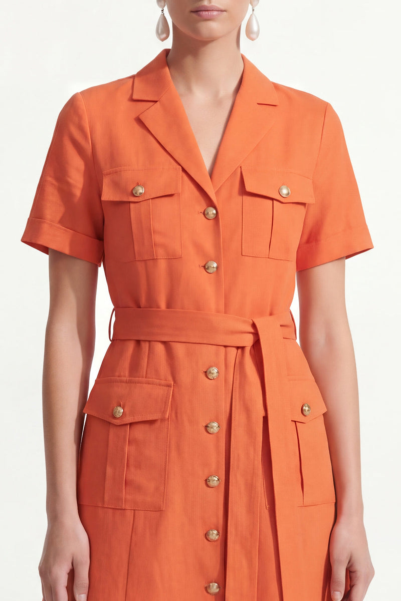Load image into Gallery viewer, Orange Notched Lapel Short Sleeves Single Breasted Work Dress with Belt