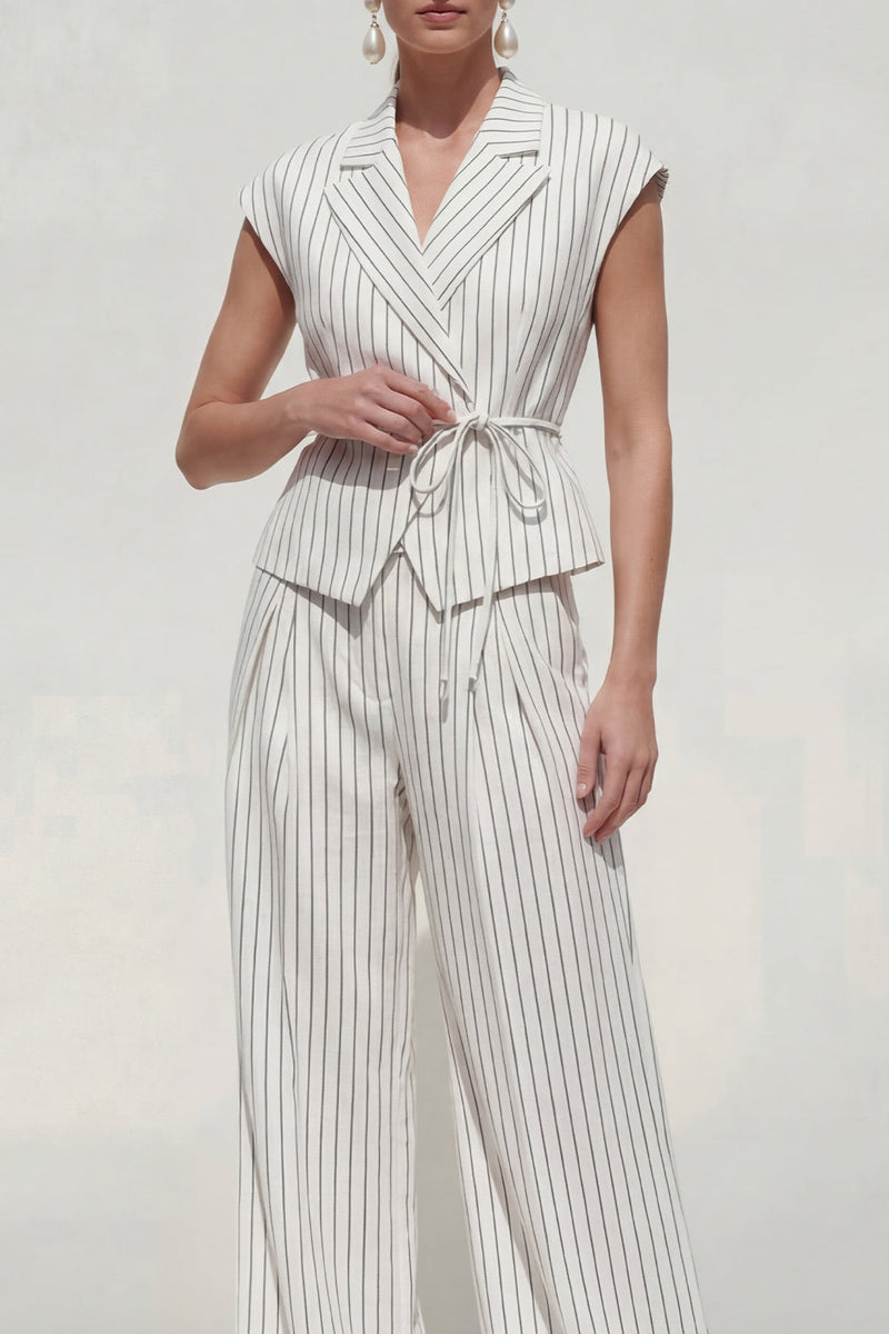 Load image into Gallery viewer, White Cap Sleeves Notched Lapel 2 Piece Striped Business Suits with Pockets