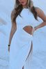 Load image into Gallery viewer, White Sheath Halter Cut Out Maxi Prom Dress with Slit