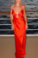 Load image into Gallery viewer, Red Satin Spaghetti Straps Sheath Long Wedding Guest Dress