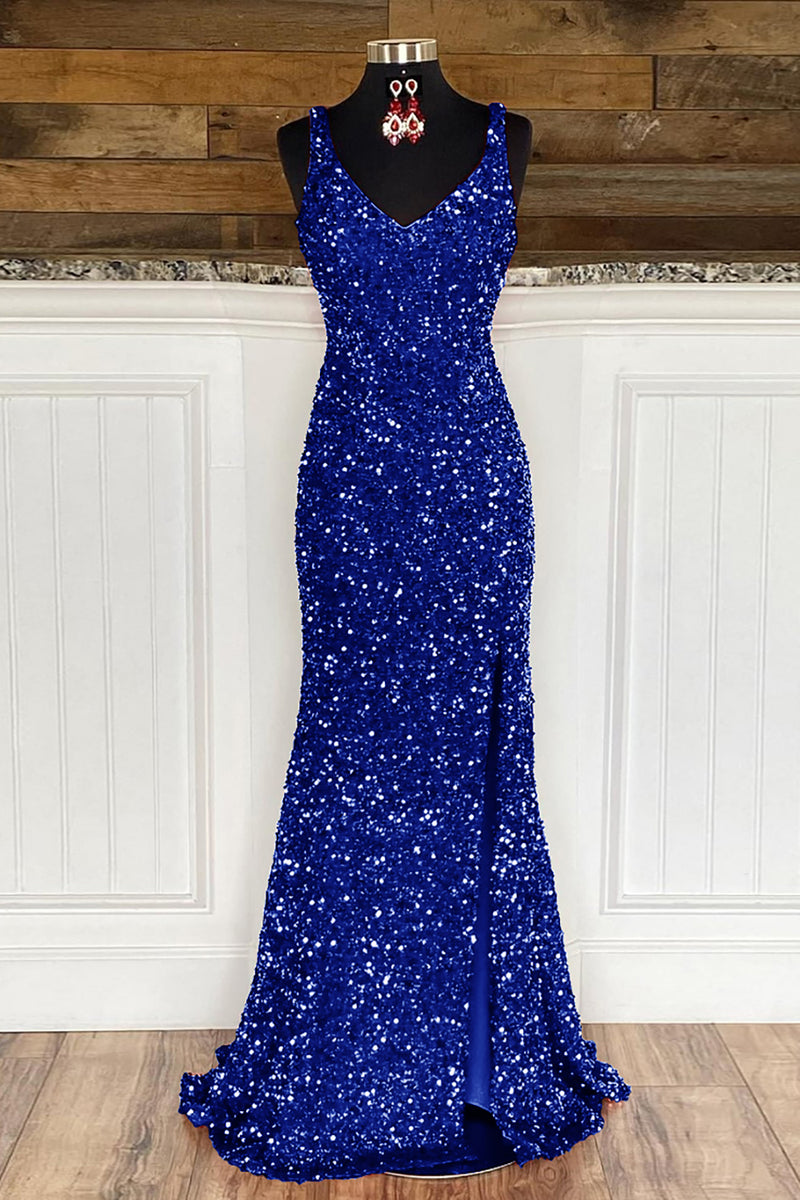 Load image into Gallery viewer, Sheath Spaghetti Straps Sky Blue Sequins Prom Dress with Split Front
