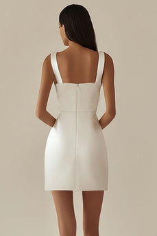 White Sheath Satin V-Neck Spaghetti Straps Short Graduation Dress