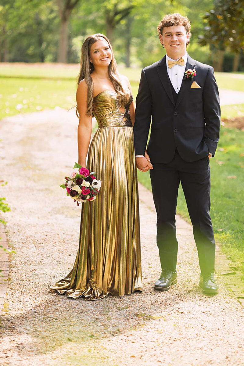 Load image into Gallery viewer, Metallic Purple A-Line Strapless Ruched Long Prom Dress with Slit