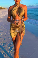 Load image into Gallery viewer, Gold Bodycon Halter Cut Out Ruched Mini Birthday Dress