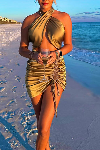 Gold Bodycon Halter Cut Out Ruched Mini Birthday Dress