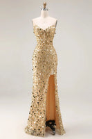 Load image into Gallery viewer, Sparkly Red Strapless Corset Long Sequin Prom Dress with Slit