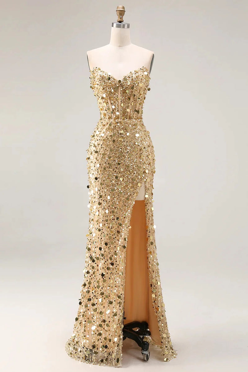 Load image into Gallery viewer, Sparkly Red Strapless Corset Long Sequin Prom Dress with Slit