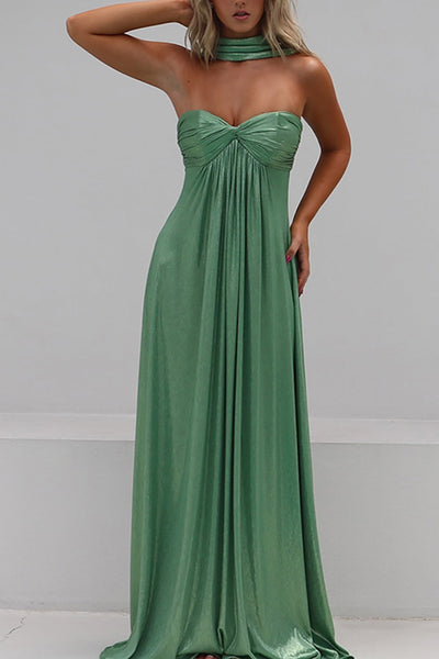 Sage Neck Scarf Chiffon Pleated Strapless Long Prom Dress
