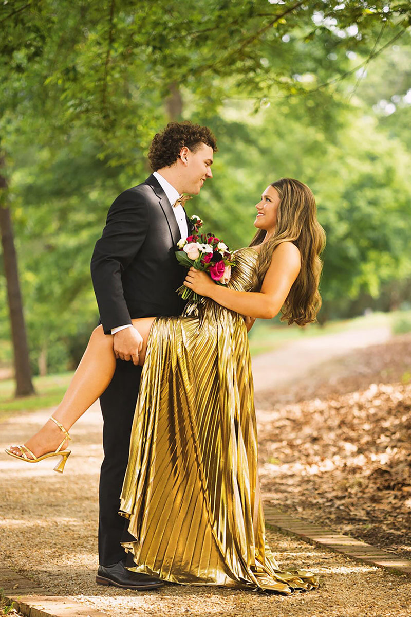 Load image into Gallery viewer, Metallic Purple A-Line Strapless Ruched Long Prom Dress with Slit