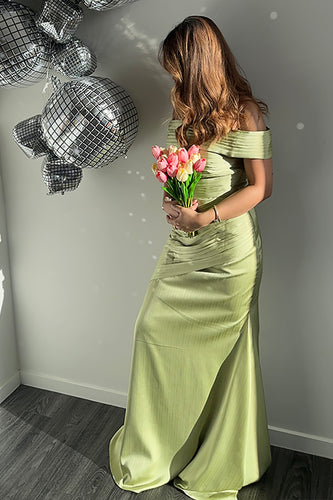 Green Off the Shoulder Sheath Ruched Long Formal Dress