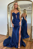 Load image into Gallery viewer, Navy Satin Mermaid Sweetheart Long Corset Prom Dress with Slit