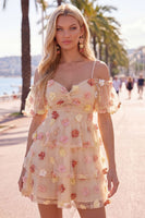 Load image into Gallery viewer, Champagne A-Line Puff Sleeves Short Cocktail Dress with 3D Flowers